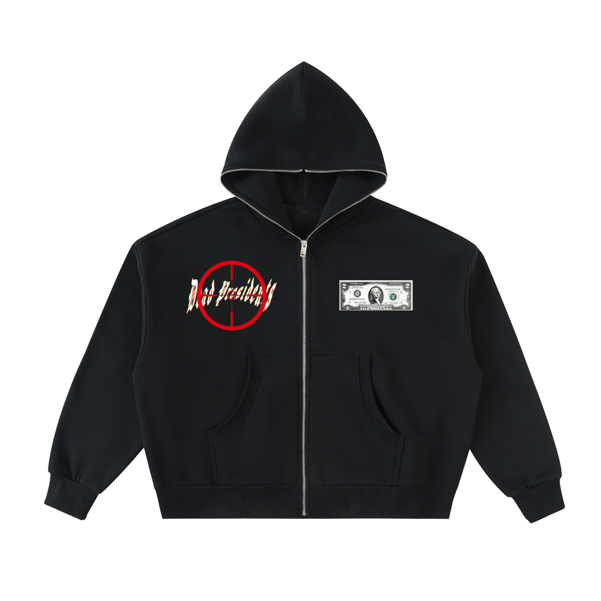 A black zip-up hoodie with a red and white 'Not Safe' graphic on the left chest and a dollar bill graphic on the right chest, displayed on a solid white background.